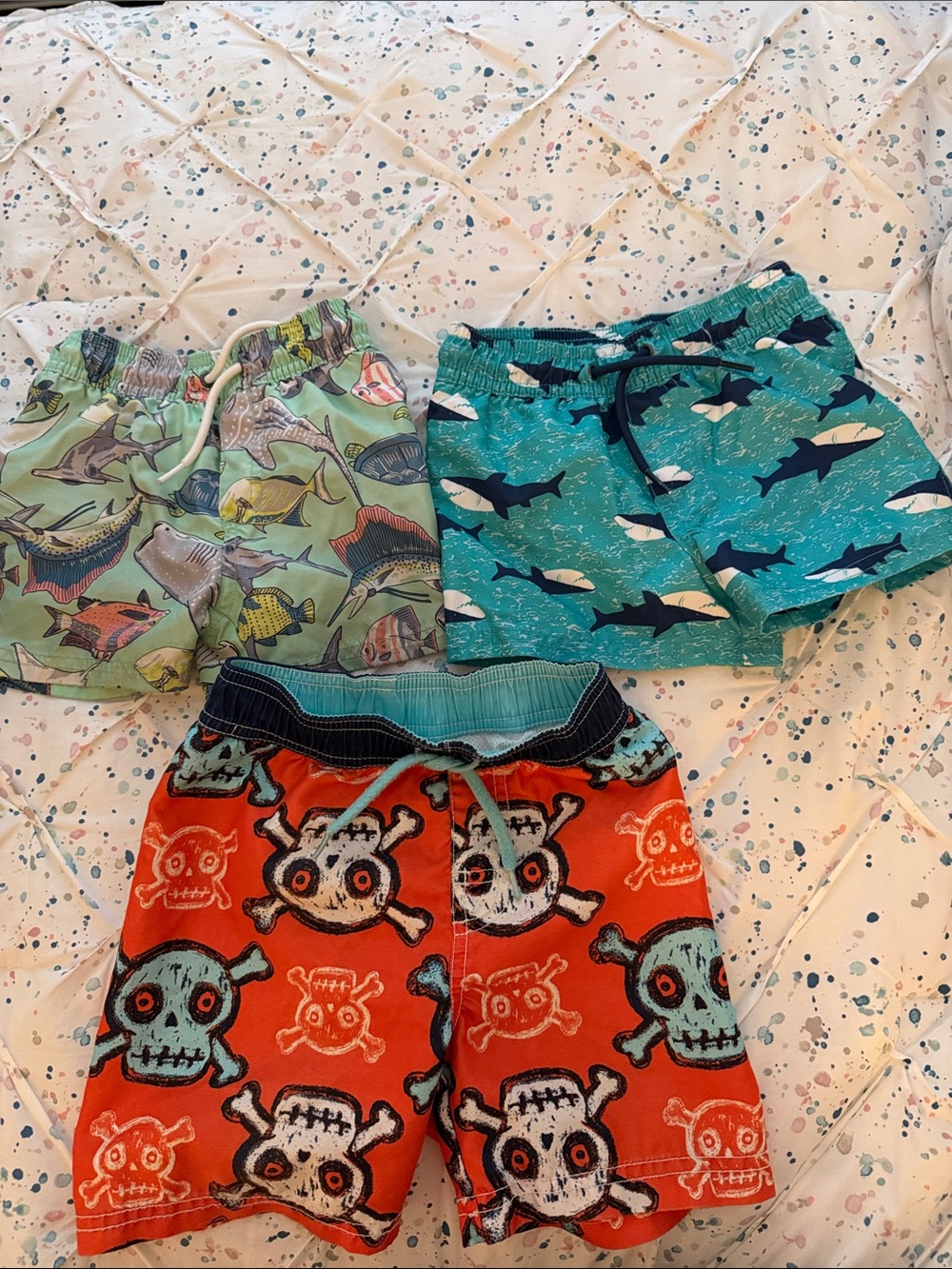 Carter's Boys' Teal Shark, Green Fish & Red Skull Swim Trunks Set